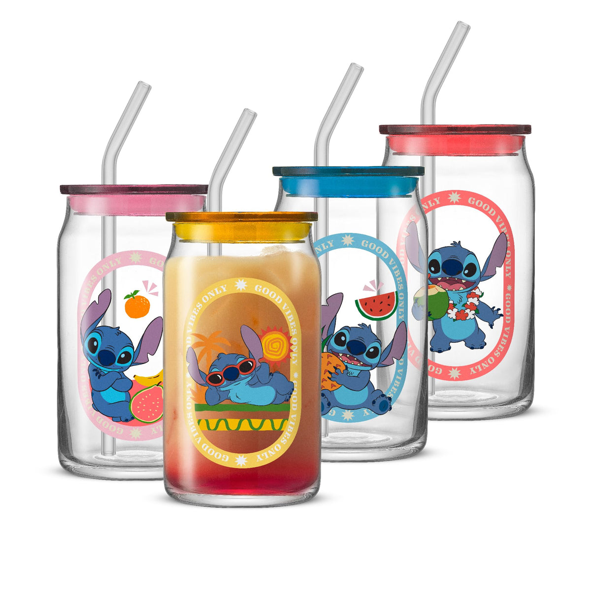 JoyJolt Disney Stitch Island Vibes Glass Tumblers with Lids and Straws, 16oz Glass Cups with Lids and Straws, Can Shaped Drinking Glasses Set of 4, Stitch Stuff, Disney Gifts for Adults