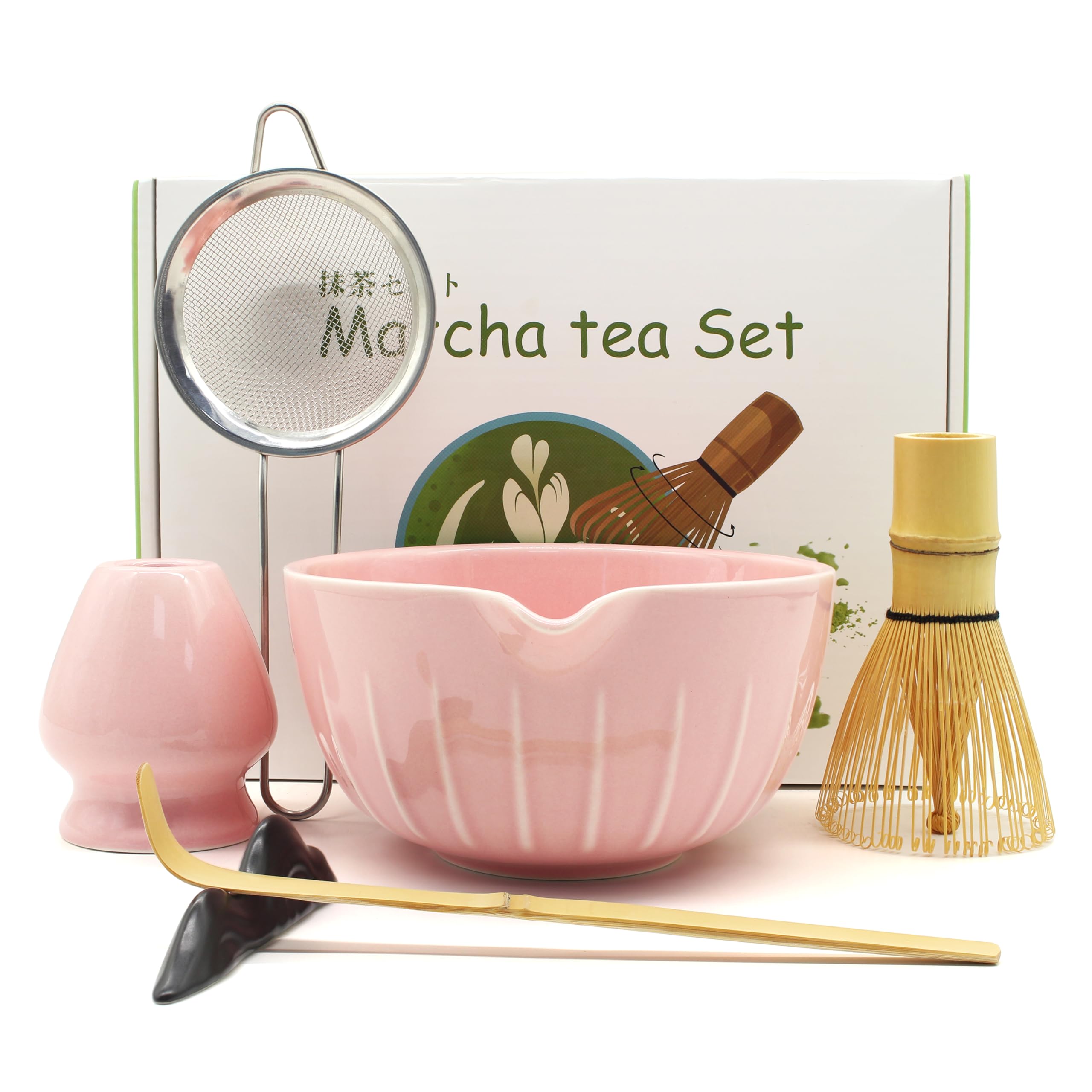 Matcha Whisk Set 7 Pcs - Ceramic Matcha Set with Bowl, Whisk, Holder, Bamboo Scoop, Rest, Sifter, and Tea Towel – Elegant Matcha Kit Gift for Women