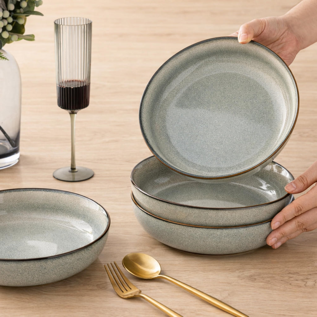GBhome 8.75'' Large Ceramic Pasta Bowls, 38oz Stoneware Pasta Serving Bowls Set of 4 for Kitchen, Wide Bowls for Fruit,Pasta,Salad,Oatmeal,Meal, Microwave Safe, Reactive Glaze-Green Wheat
