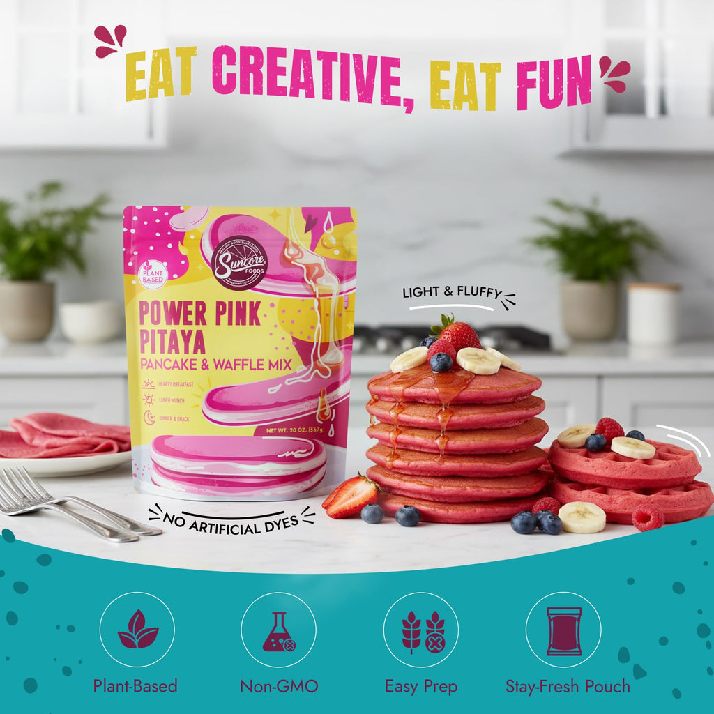 Suncore Foods Power Pink Pitaya Pancake & Waffle Mix 20oz | Plant-Based