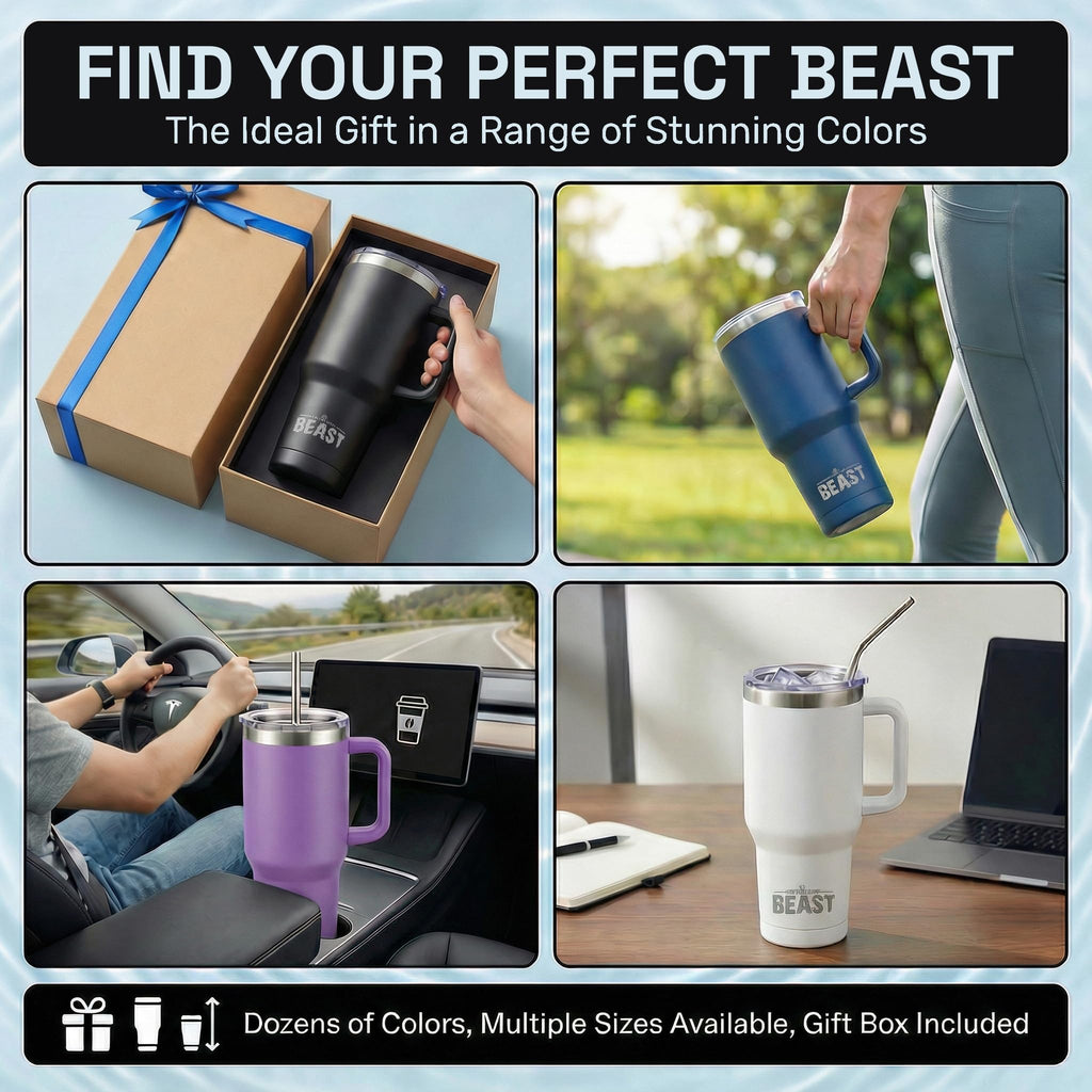 Beast 42 oz Tumbler with Handle Stainless Steel Vacuum Insulated Coffee Ice Cup Double Wall Travel Flask (Matte Black)