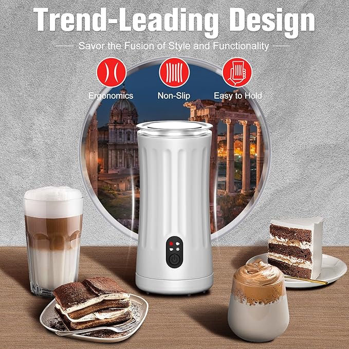 Electric Milk Frother, 4-in-1 Milk Steamer and Frother, 8.1oz/240ml Automatic Warm and Cold Foam Maker, Auto Shut-Off Frother for Coffee, Latte, Cappuccino, Macchiato(White)