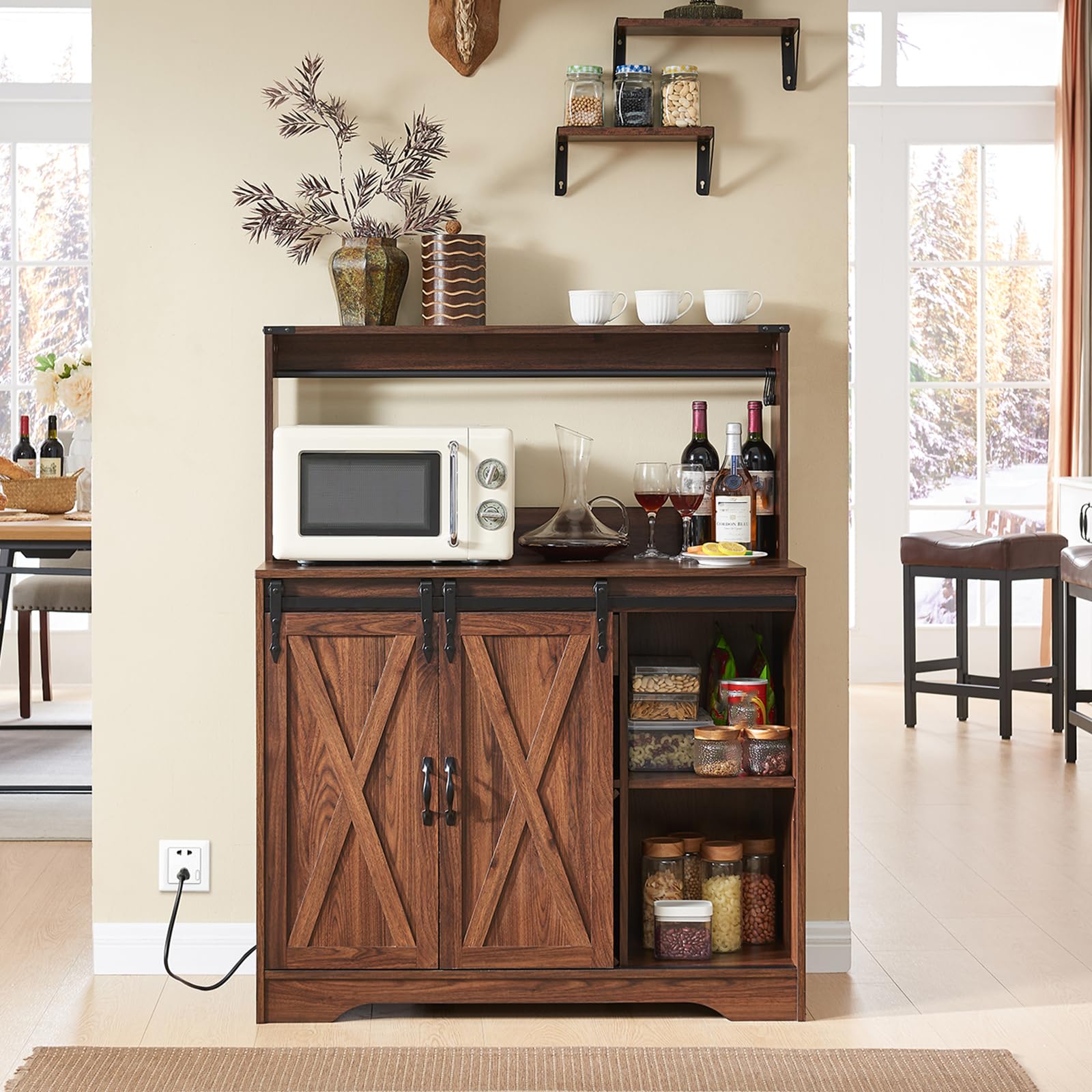 Wnutrees Farmhouse Coffee Bar Cabinet with Charging Station and USB, Brown