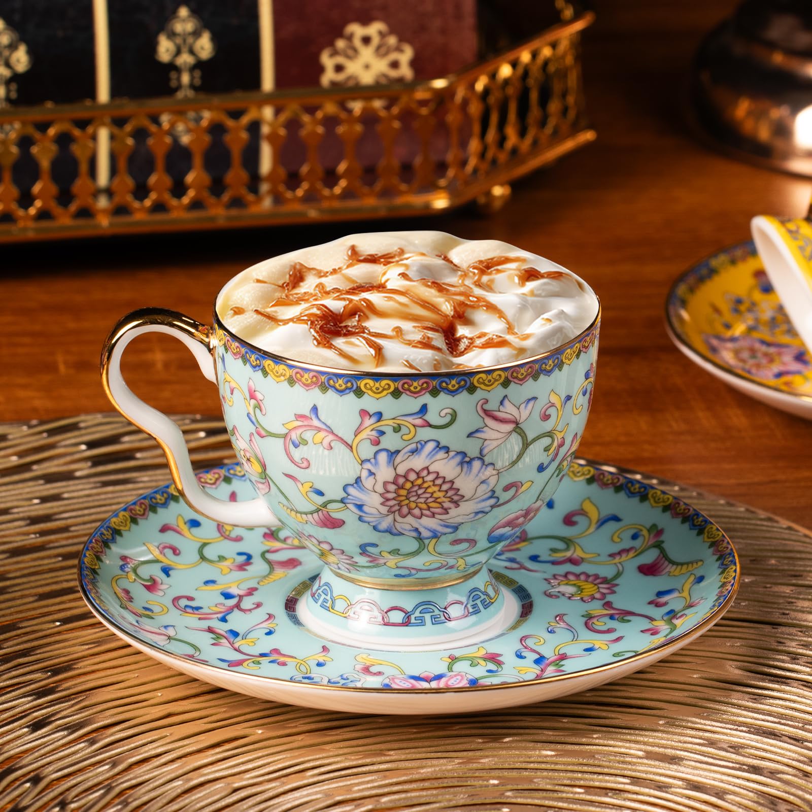 KAMMAK Tea Cup and Saucer, Ceramic Coffee Cups, 7.4 oz, Set of 2