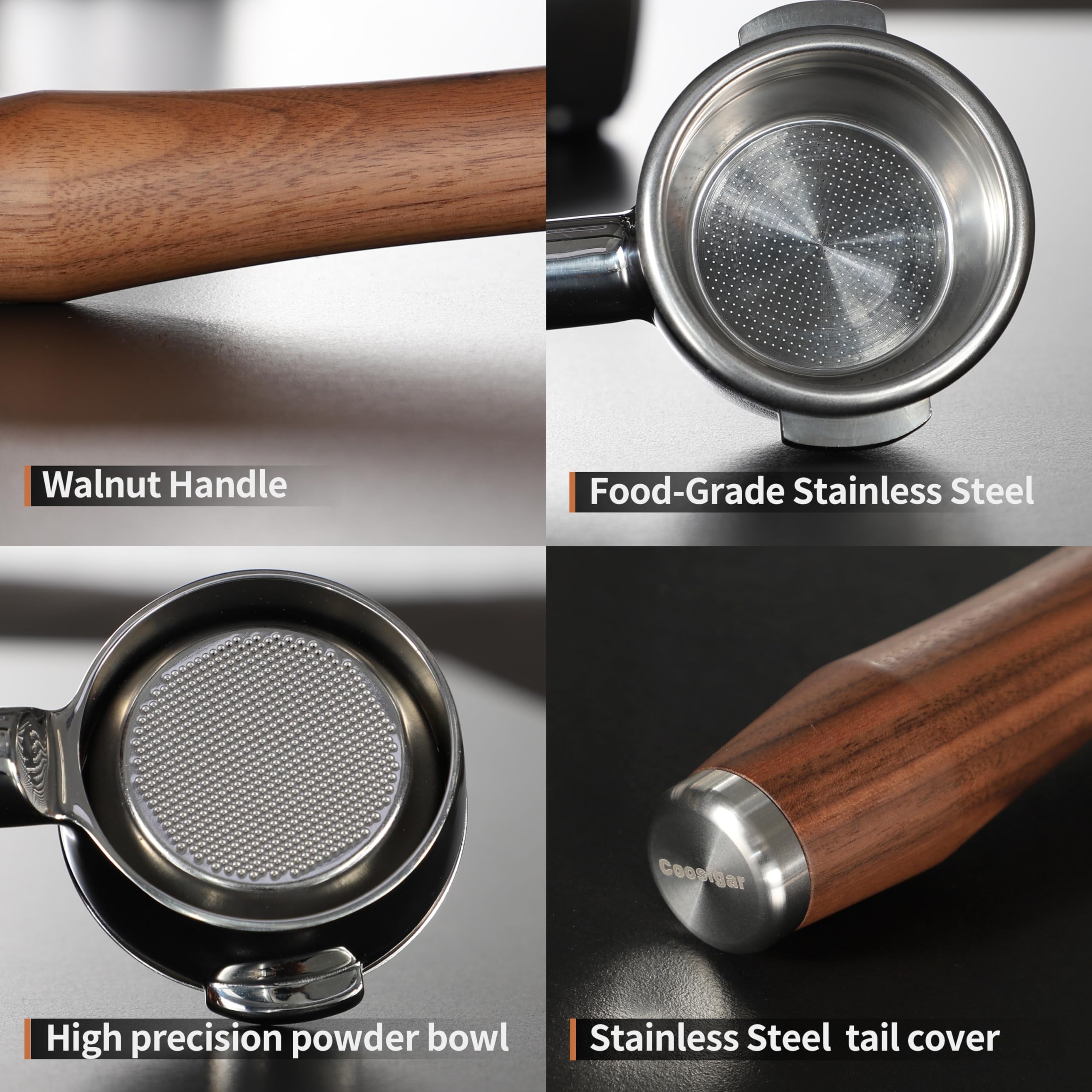 Coosigar 58mm Bottomless Portafilter | Fits for E61 Group Head 2 Ears machines| Stainless Steel portafilter and Walnut wood Handle|Espresso Machine Accessories(Walnut)