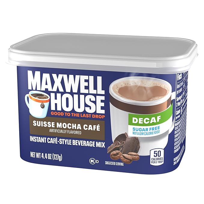 Maxwell House Sugar-Free Suisse Mocha Cafe Decaf Instant Cafe-Style Beverage Mix, 4.4 oz. Canister
