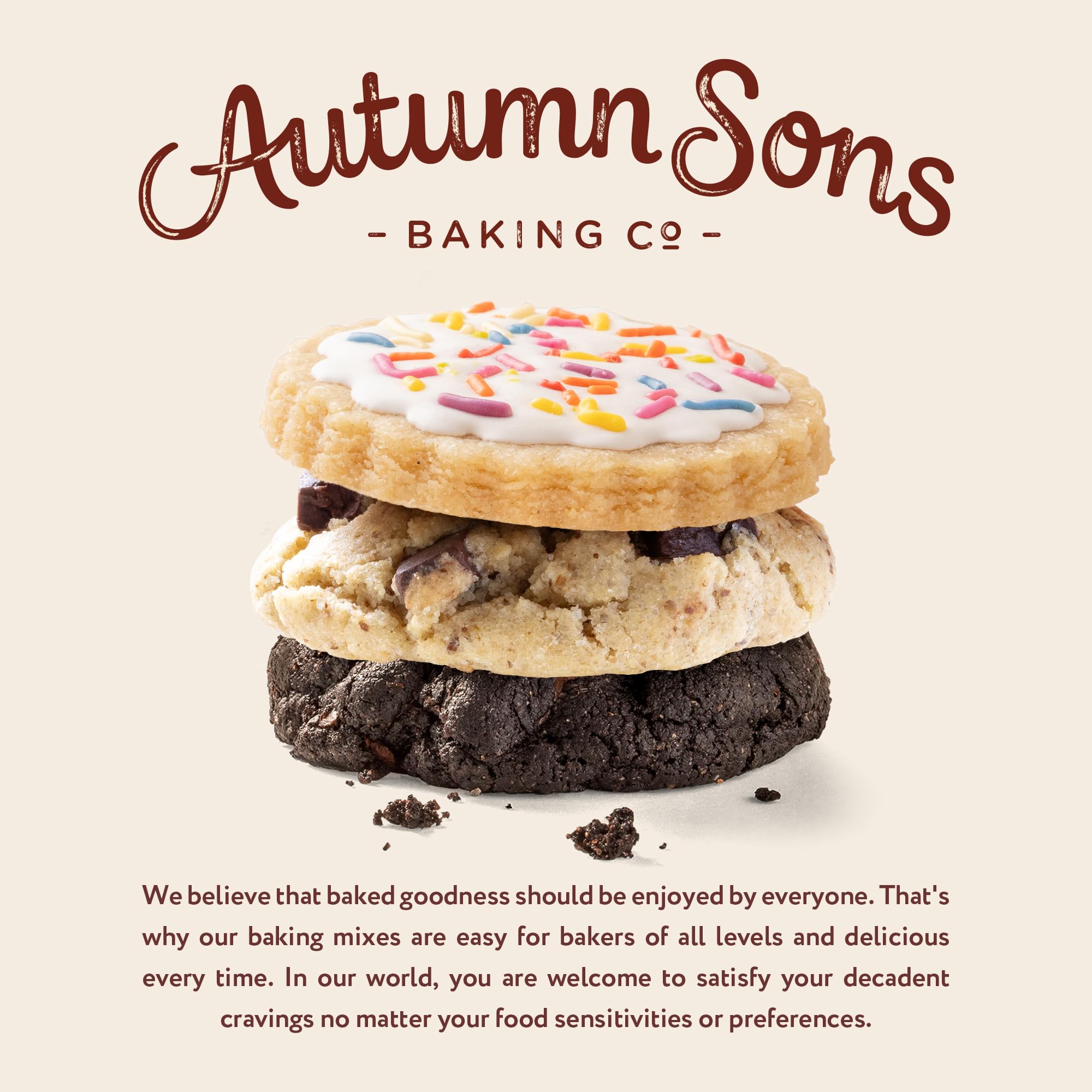 Autumn Sons Baking Co. Gluten Free Cookie Mix Variety Pack. Sugar Cookie, Chocolate Chunk & Double Chocolate Chunk. Vegan Plant Based Baking Mix. Top 9 Allergen Free. 9.3 oz (Pack of 3)