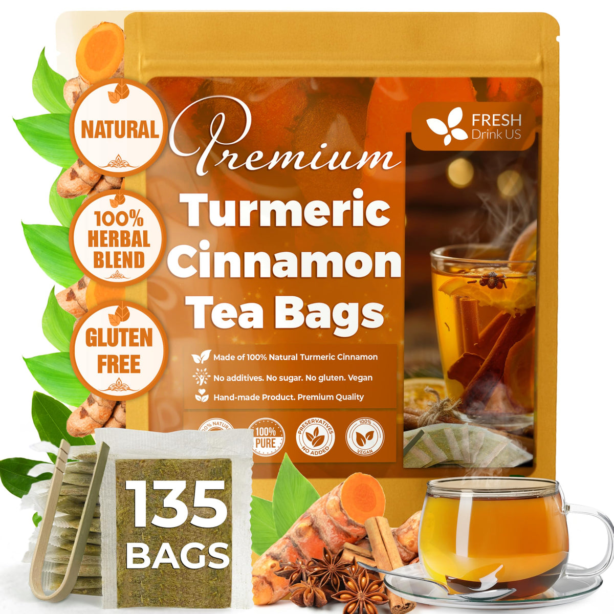 FreshDrinkUS, Premium 135 Ginger Turmeric Tea Bags, 100% Natural Ingredients, Hand-Made Blend of Ginger and Turmeric Herbal Tea, Eco-Conscious Tea Bags. No Sugar, No Caffeine, No Gluten, Vegan.