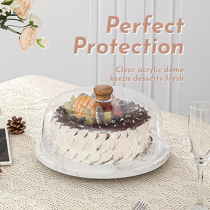 Marble Cake Stand with Acrylic Dome Lid, Cake Holder with Lid, Cake Plate Board for Party, Wedding, Cake Display Stand with Dome Cover,Charcuterie Boards for Cheese, Chips, Fruit