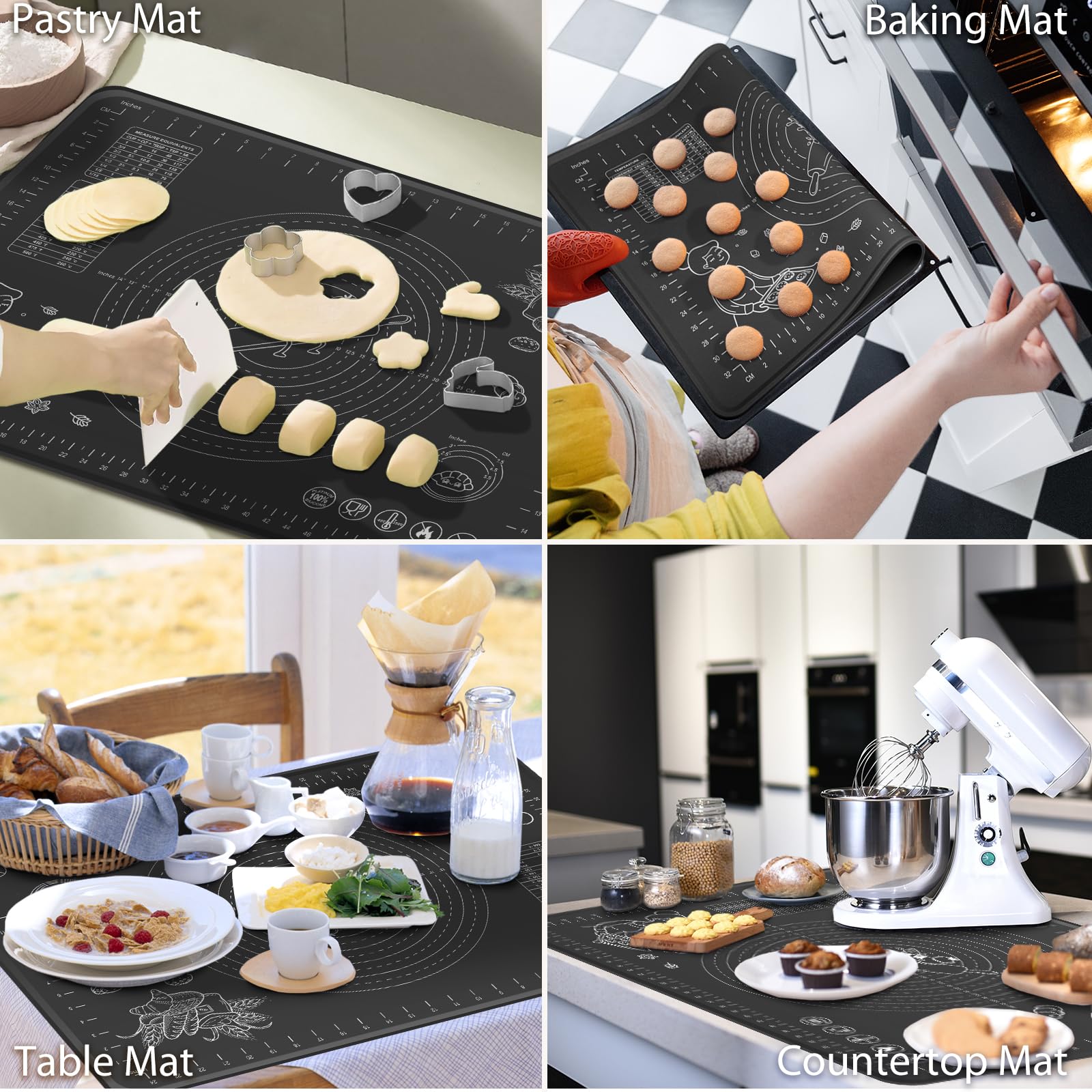 Silicone Baking Mat 28" x 20" Extra Thickness Dough Rolling Mat with Measurements and Edge Heightening, Non-stick Food Grade Silicone Pastry Mat for Pastry, Bread, Cookies, Pizza, Fondant, Pasta-Black