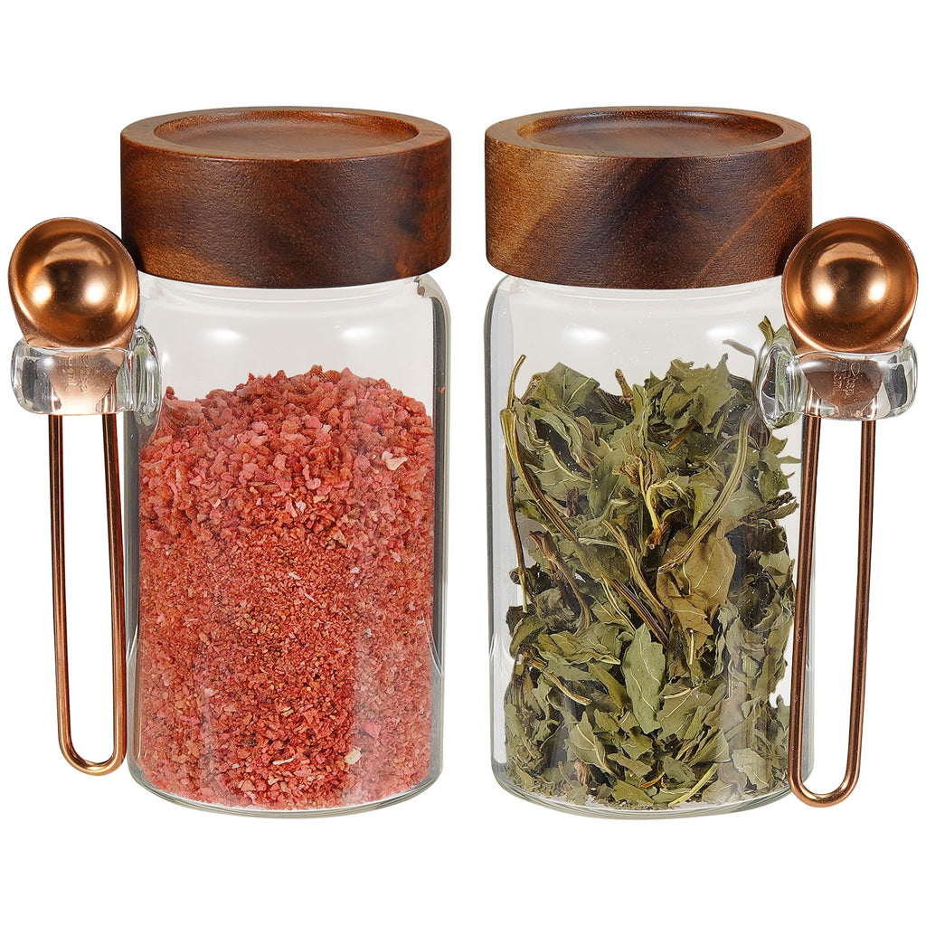8oz Small Glass Spice Jar with Spoon Airtight Screw Wood Lid Clear Sugar Herb Container Food Storage Canisters Bottle for Seasoning Coffee Ground Bean Kitchen Tea Overnight Oats Bar(2×250ml(8.4oz))