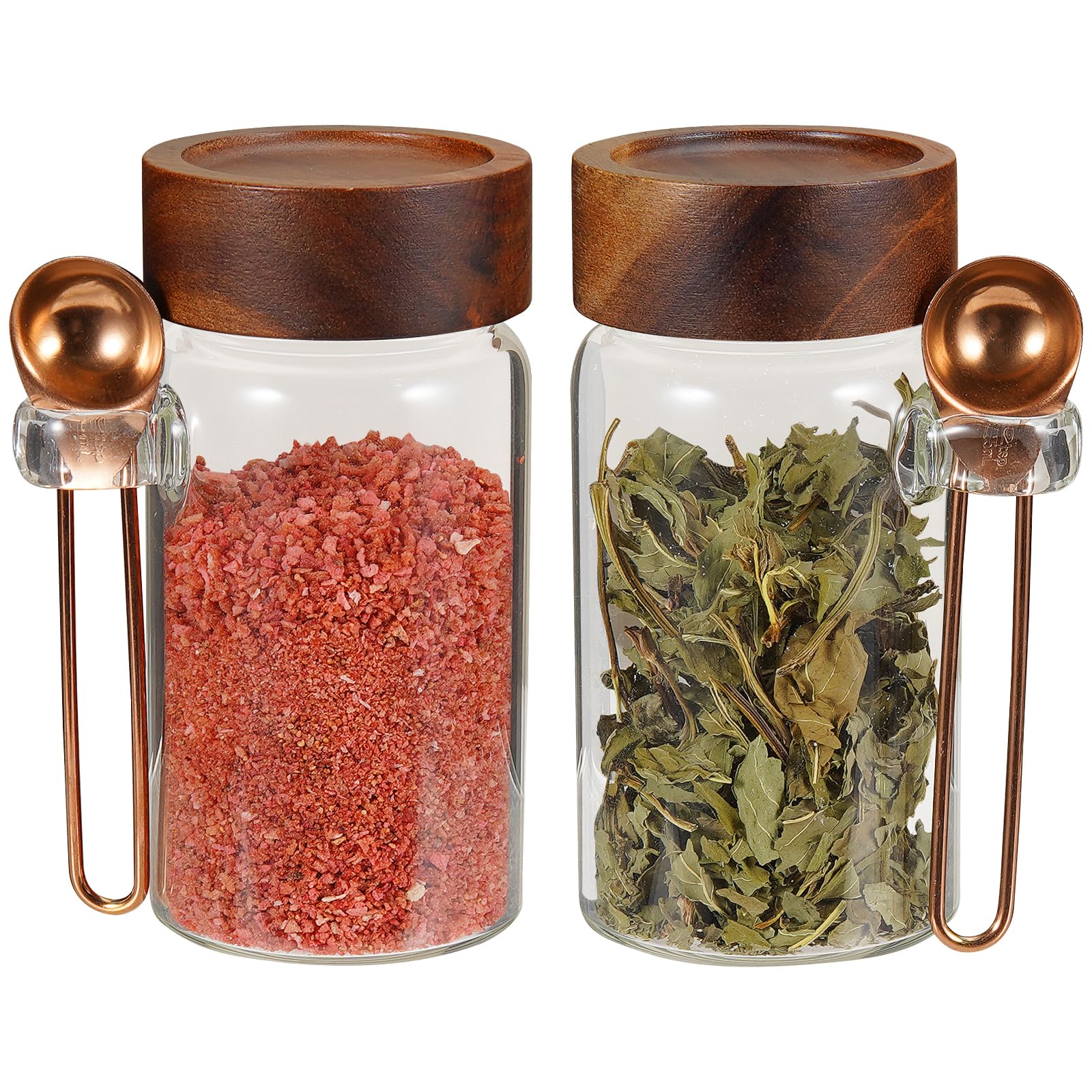 8oz Small Glass Spice Jar with Spoon Airtight Screw Wood Lid Clear Sugar Herb Container Food Storage Canisters Bottle for Seasoning Coffee Ground Bean Kitchen Tea Overnight Oats Bar(2×250ml(8.4oz))