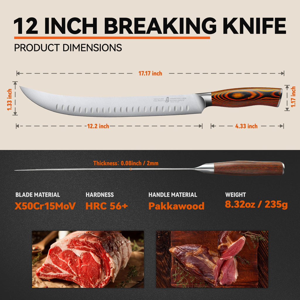 TUO Butcher Knife - 12 Inch Breaking Butcher s Knives Curved Granton Edge Carver Slicing Knife Long Meat Veggies Cleaver - German HC Steel Comfortable Pakkawood Handle - Fiery Series Gift Box Included