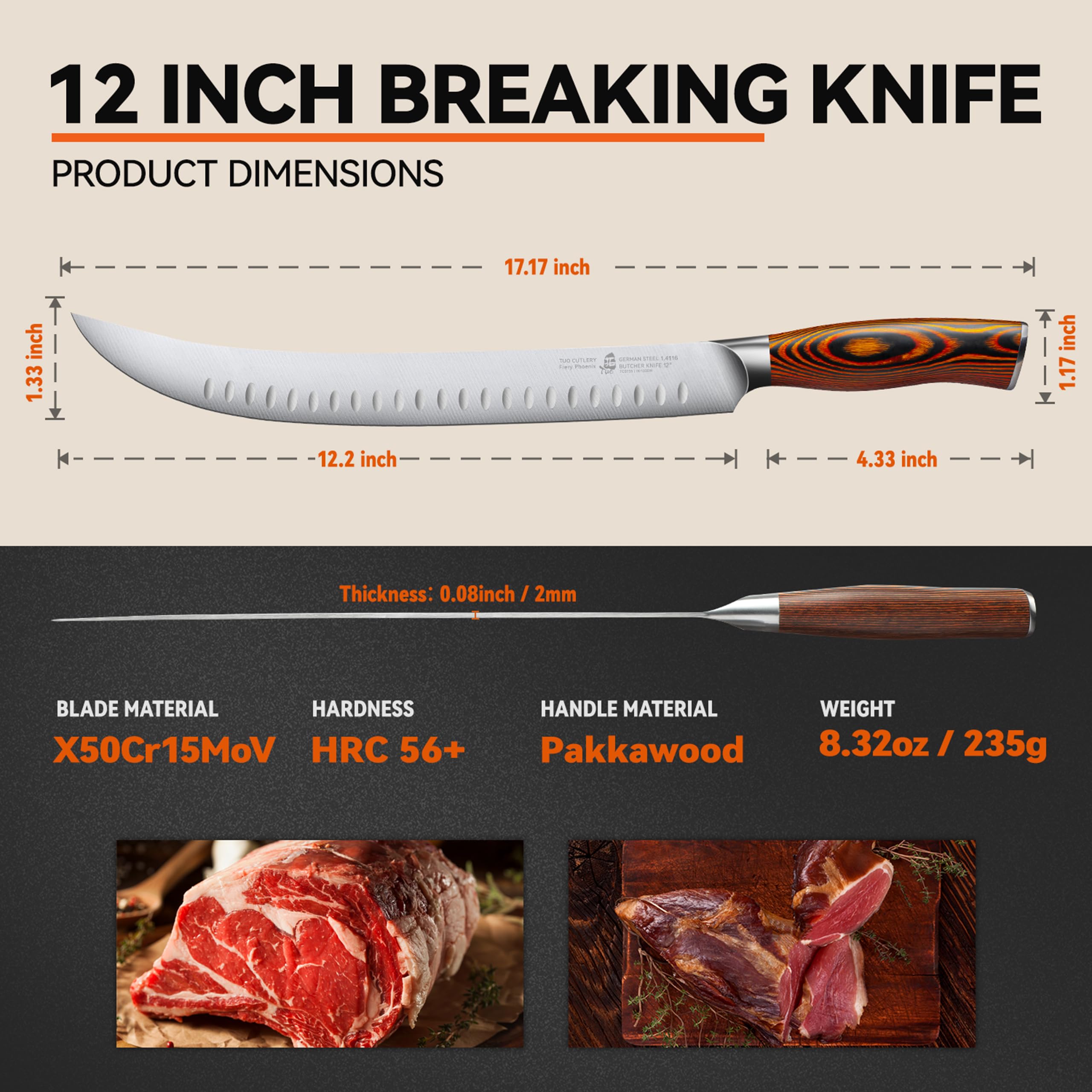 TUO Butcher Knife - 12 Inch Breaking Butcher s Knives Curved Granton Edge Carver Slicing Knife Long Meat Veggies Cleaver - German HC Steel Comfortable Pakkawood Handle - Fiery Series Gift Box Included