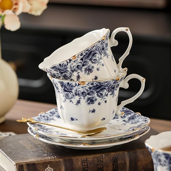 TATSUMI Country Roses Bone China Tea Cup and Saucer Set, 6 Pieces, Vintage Style, For Women and Tea Parties（sky blue，2 sets）