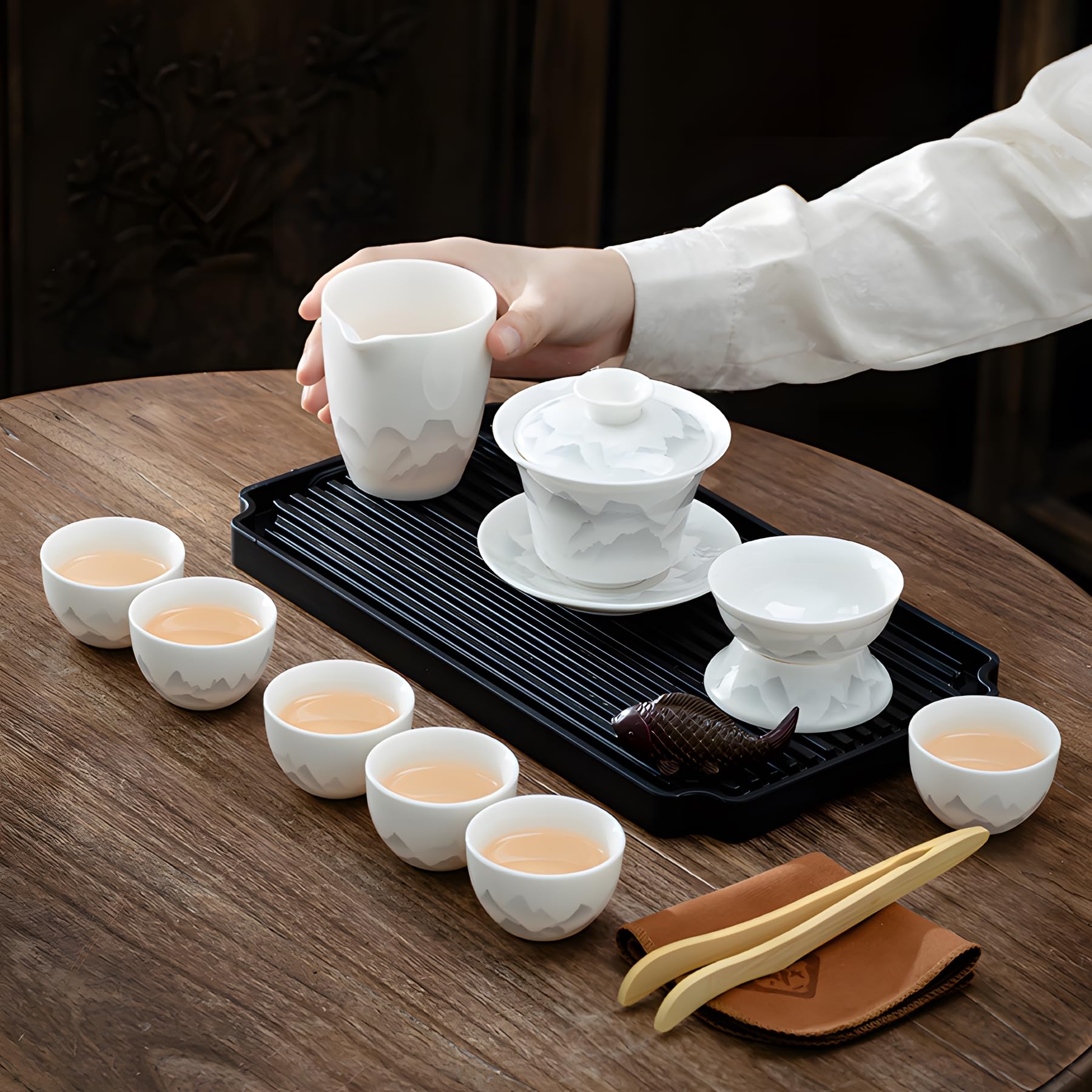 ICHAG 14-Piece Chinese Gongfu Tea Set, Yangzhi Jade Porcelain Gaiwan Tea Set with Anti-Mold Resin Tray & Color-Changing Tea Pet, Portable Travel Kit for Home, Office, Camping, Gift for Tea Lovers