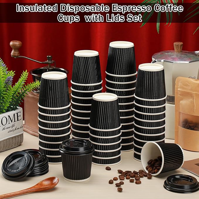 Uiifan 100 Set 4oz Disposable Espresso Cups with Lids Ripple Corrugated Paper Disposable Coffee Insulated Hot Ripple Cups for hot Chocolate, Tea, and Cocoa Drinks(Black)
