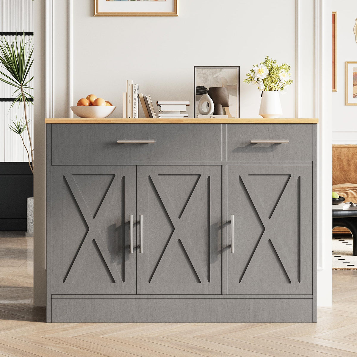 Vongrasig 43” Coffee Bar Cabinet, Farmhouse Buffet Cabinet with Storage, Sideboard Buffet with Drawers and Shelves for Kitchen, White