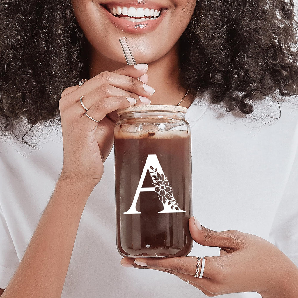 Personalized Gifts for Women, Monogrammed Glass Cups with Lids and Straws, Custom Tumbler, Cute Customized Mug, Aesthetic Stuff, Initial Iced Coffee Cup, Drinking Glasses, Birthday Teacher Gifts, J
