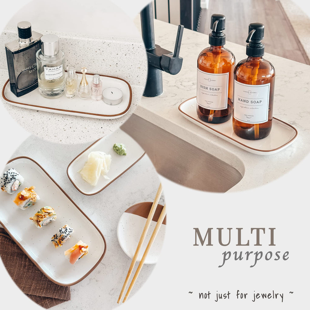 Mora Ceramic Decorative Tray - Rectangle 10in Dish for Jewelry, Soap Dispenser, Perfume, Makeup, Accessories, Candle, in the Bathroom Vanity, Bedside, or Kitchen Counter. Cute Organizers - White