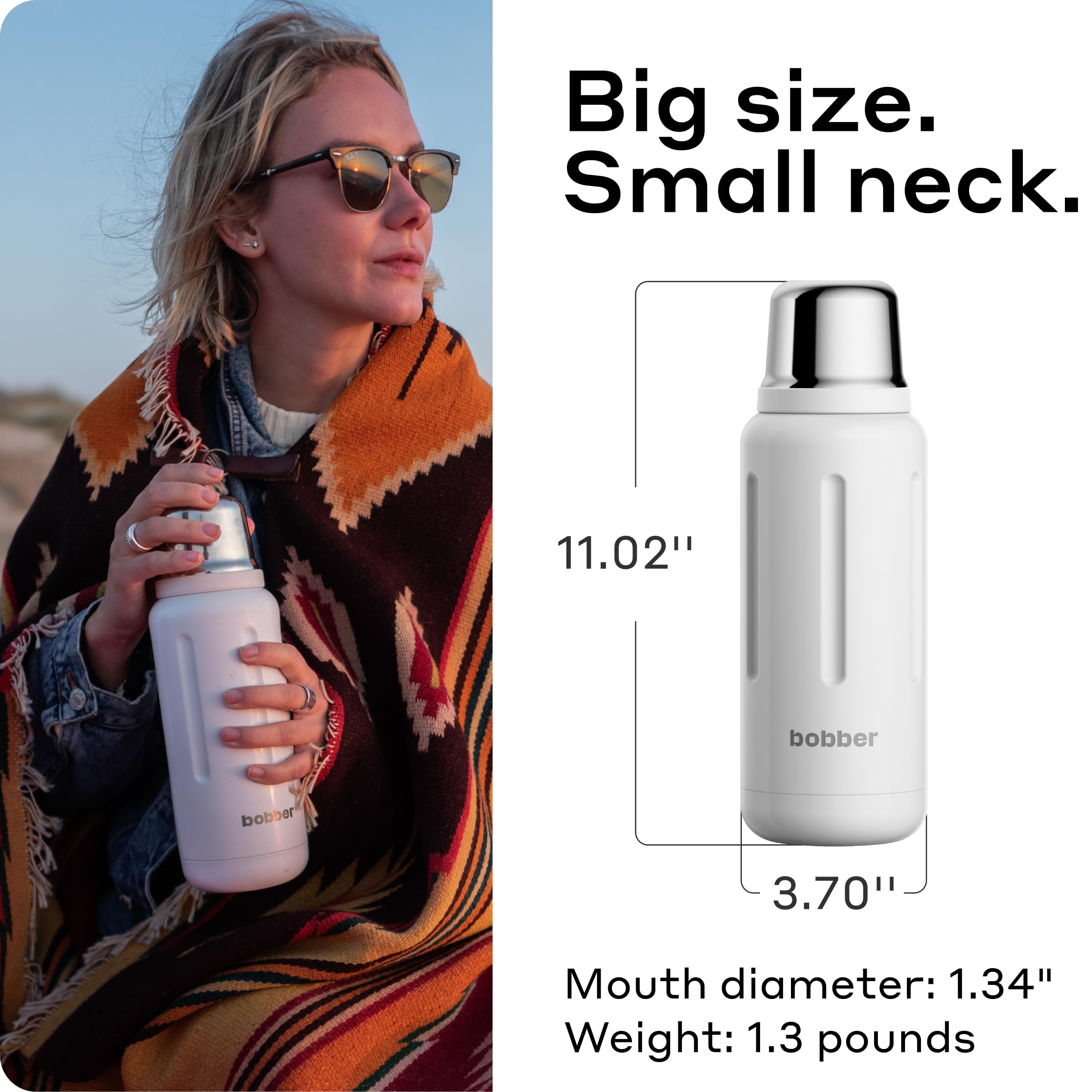 BOBBER 34 oz Stainless Steel Travel Thermo Bottle for Hot and Cold Drinks – Dishwasher Safe Metal Water Bottle with Cup Lid – Keeps Hot for 48 Hours – BPA-Free, Vacuum Insulated (White)