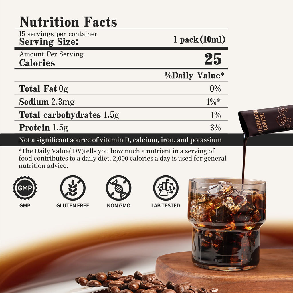 Cold Brew Mushroom Coffee, 15 Packets, Coffee Concentrate Liquid with 5 Adaptogenic Mushrooms, 100% Arabica Bean Extract for Immunity - Sugar Free, Keto, Vegan