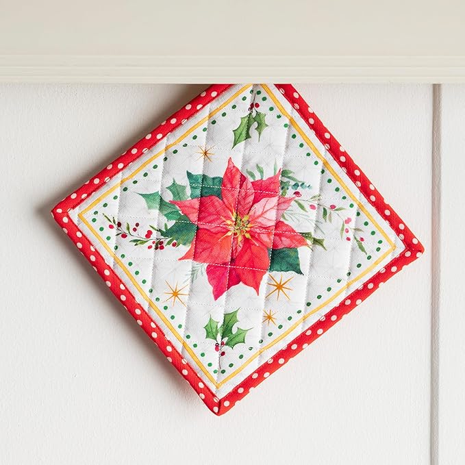 Maison d' Hermine 100% Cotton Oven Mitt & Pot Holder Set (7.5"x13" & 8"x8") Heat Resistant BBQ Cooking Gloves with Loop, Baking, Grilling, Kitchen, Handling Hot Pans (Poinsettia Christmas)