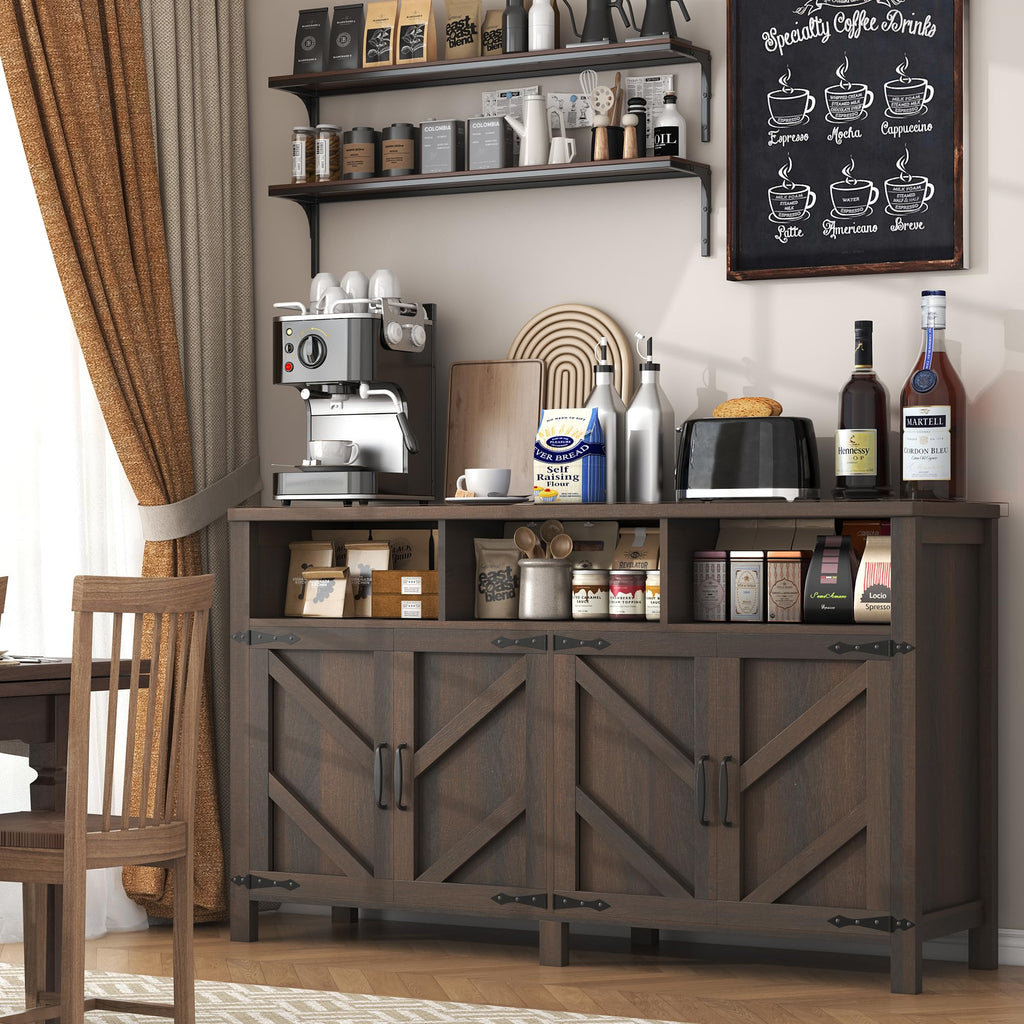knoworld Buffet Sideboard with Storage Farmhouse with 4 Doors, 55'' Large Kitchen Storage Cabinet Wood Coffee Bar Cabinet Buffet Table with Shelves for Kitchen, Dining Room, Entryway (Brown, 55in)