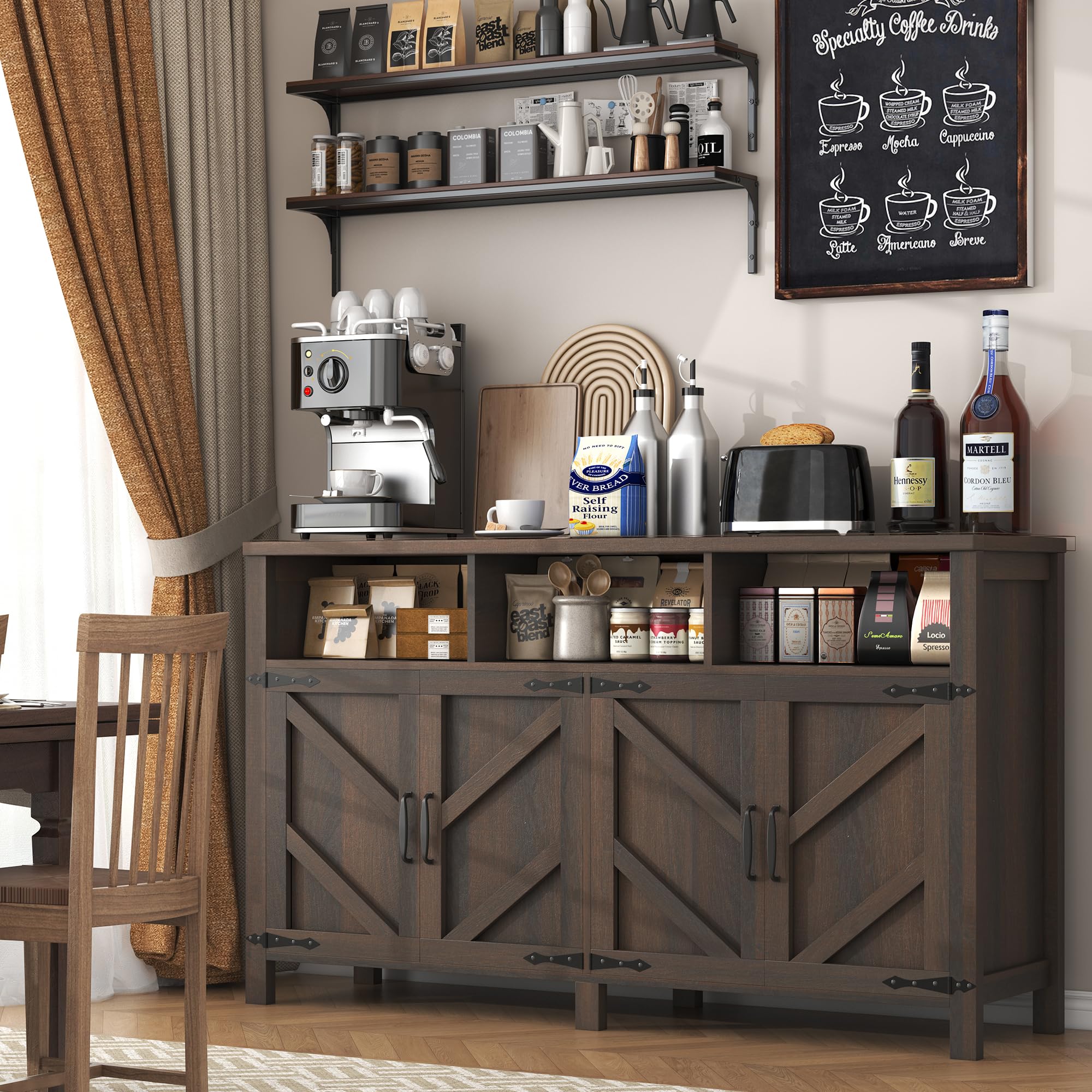 knoworld Buffet Sideboard with Storage Farmhouse with 4 Doors, 55'' Large Kitchen Storage Cabinet Wood Coffee Bar Cabinet Buffet Table with Shelves for Kitchen, Dining Room, Entryway (Brown, 55in)