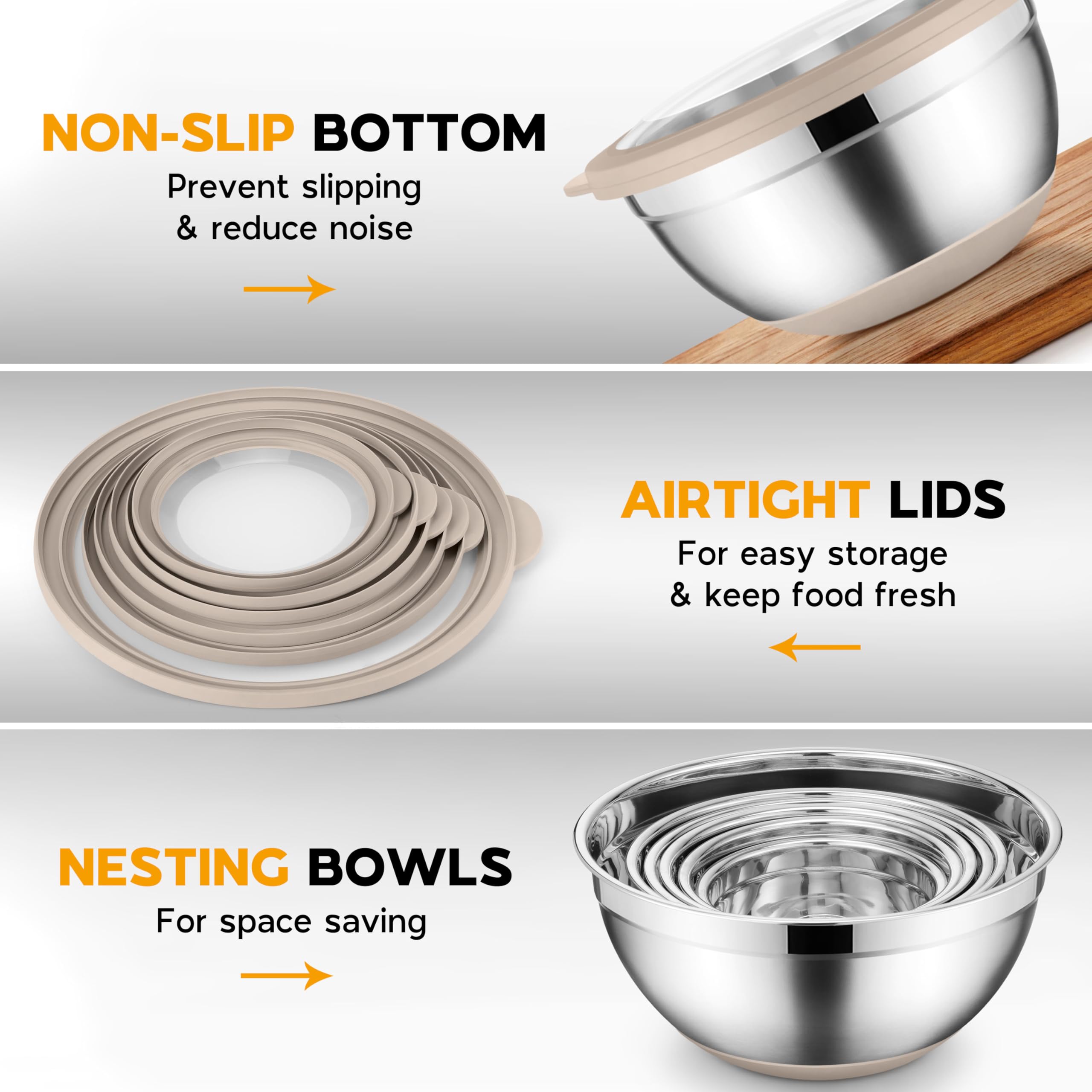 Onader Mixing Bowls with Lids Set of 6, Large Metal Nesting Mixing Bowls, Stainless Steel Non-Slip Salad Bowl Khaki – Size 0.7, 1, 1.5, 2, 2.6, 4.6QT