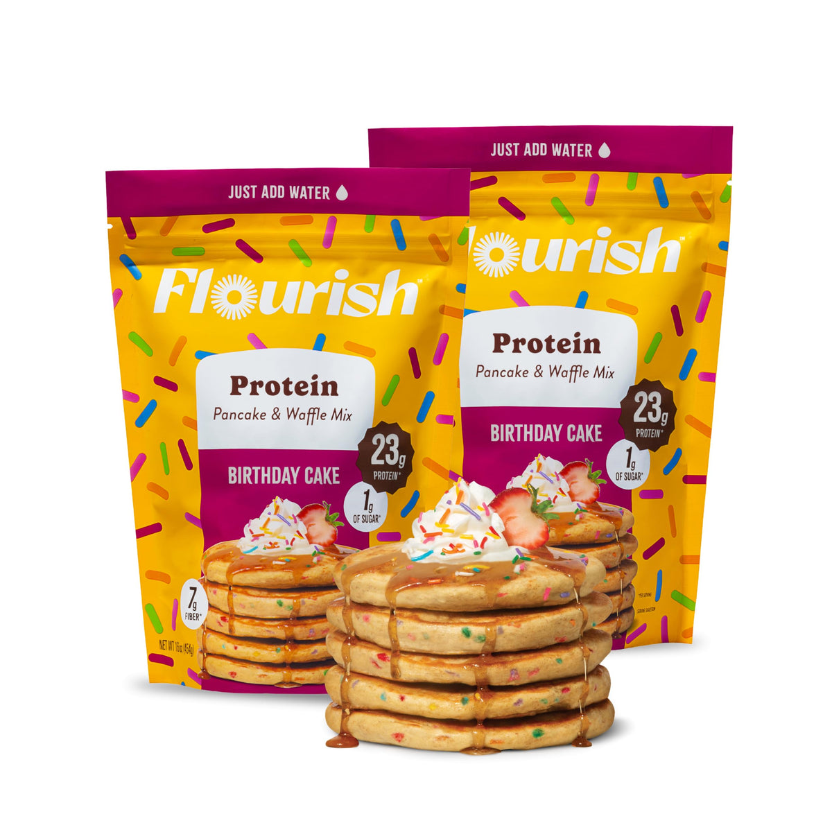 Flourish Protein Pancake & Waffle Mix, with Whey Protein & Flax Seed, No Added Sugar, High in Protein & Fiber - Just Add Water - Buttermilk Flavour, 430g (3 Pack) - Made in Canada