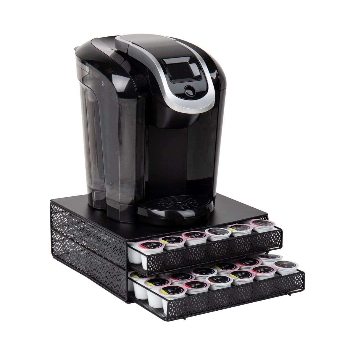 Mind Reader 2 Drawer Coffee Pod Organizer with Removable Dividers, 72 Pod Capacity, Metal Mesh Coffee Station Base with Guided Drawer Track, Black