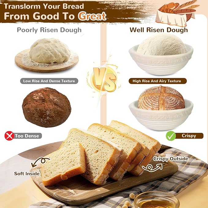 Sourdough Starter Kit,9 Inch Round & 10 Inch Oval Banneton Bread Proofing Basket with Dough Whisk Bread Lame Dough Scraper Bowl Scraper Silicone Brush Sourdough Bread Baking Supplies