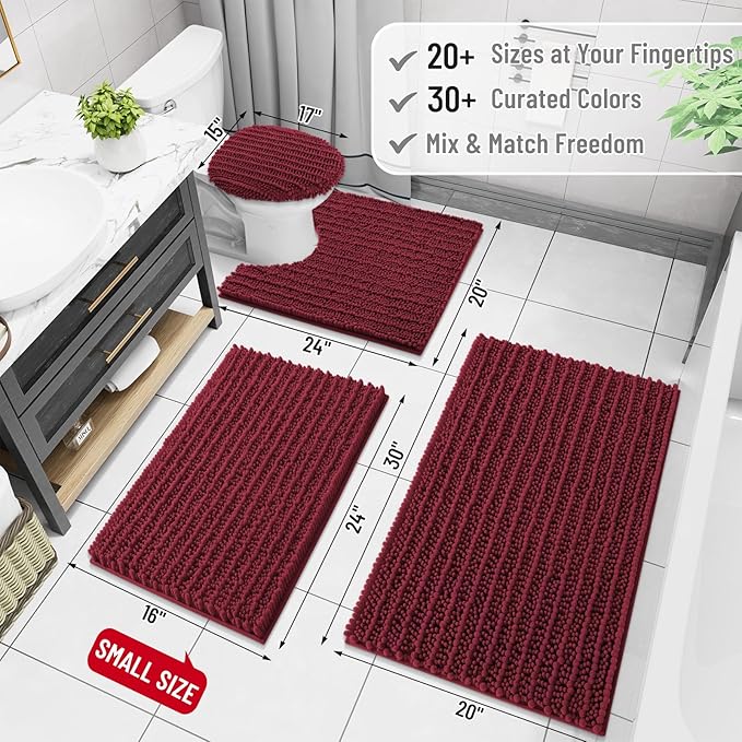 Arotive Luxury Chenille Bathroom Rug Mat, Extra Soft Thick Absorbent Shaggy Bath Rugs, Non-Slip Machine Wash Dry, Plush Bath Mats for Bathroom, Shower and Tub, 47x32, Burgundy