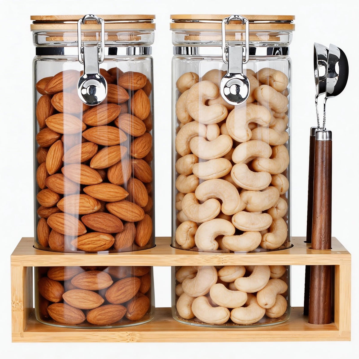 KKC Nut Storage Containers with and Scoops, 2 Pack (50 oz / 1.5L) - Glass Nut Jars with Bamboo Lids, Kitchen Counter Nut Storage for Almonds Cashews Walnuts