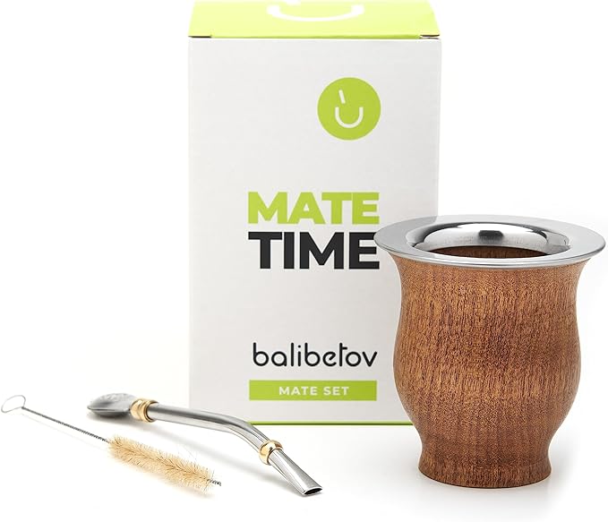 BALIBETOV Selected Collection - Yerba Mate Gourd (Mate Cup) - Premium Mate Gourd With German Silver Rim - Includes Stainless Steel Bombilla and Cleaning Brush. (The Camionero Carob Gourd)
