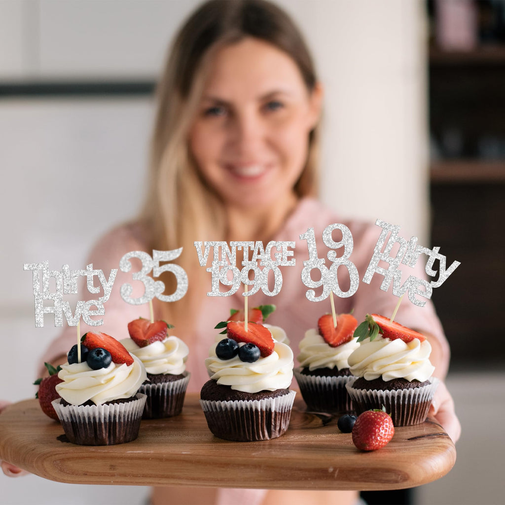 Gyufise 24Pcs Happy 35th Birthday Cupcake Toppers Glitter Thirty Five 35 Fabulous Vintage 1990 Cupcake Picks for 30th Birthday Wedding Anniversary Party Cake Decorations Supplies Rose Gold