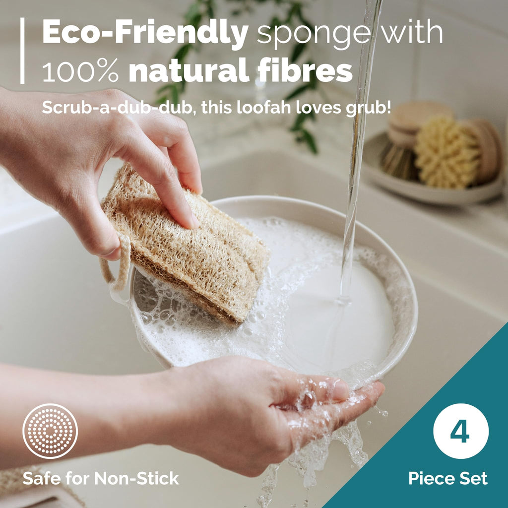 JUNGLE CULTURE Bamboo Dish Brush • 3 Swap Heads & Loofah Sponge • 4 Piece