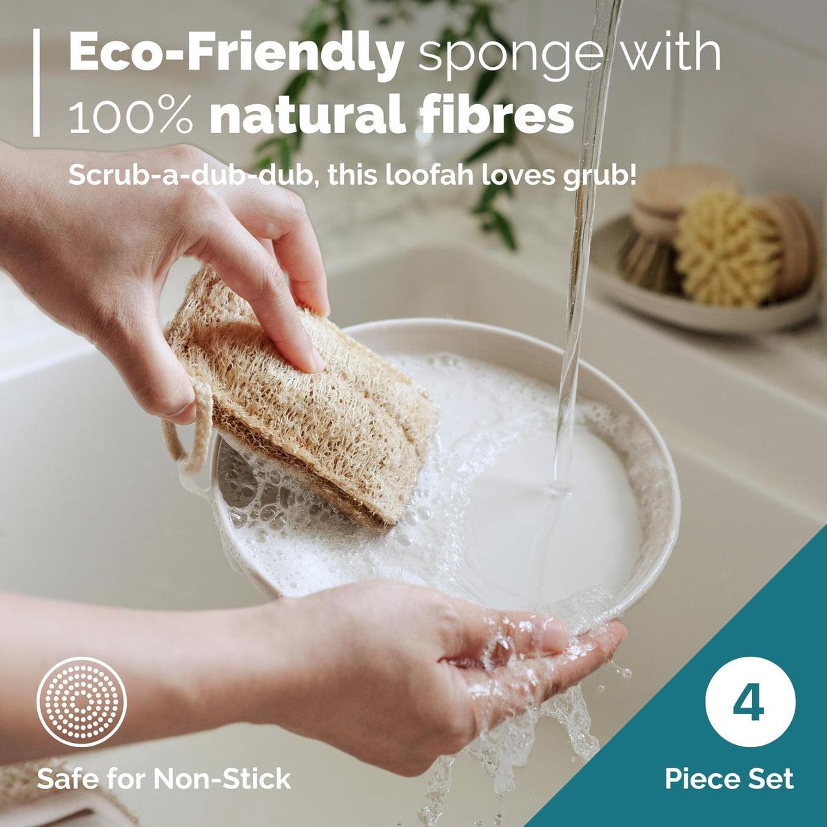 JUNGLE CULTURE Bamboo Dish Brush • 3 Swap Heads & Loofah Sponge • 4 Piece