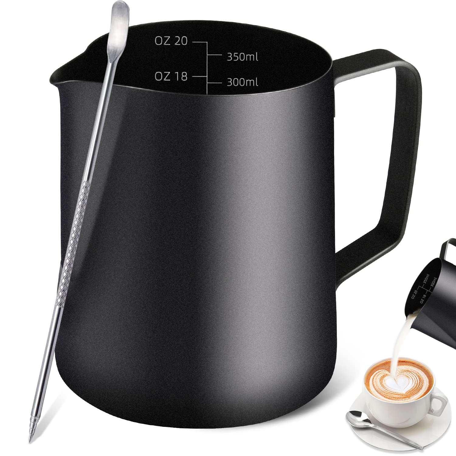 Milk Frothing Pitcher, 12OZ/350ML Stainless Steel Espresso Steaming Pitcher Coffee Milk Frother Cup with Decorating Art Pen for Espresso Machine, Milk Frother, Latte Art Black