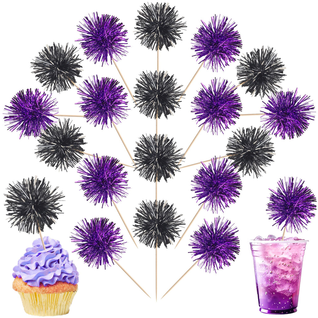 40 PCS Foil Firework Cupcake Toppers Sparkle Tinsel Cupcake Picks Fireworks Birthday Party Decorations Cocktail Fruit Toothpick for Birthday Wedding Graduation Party Decorations Supplies Black Purple