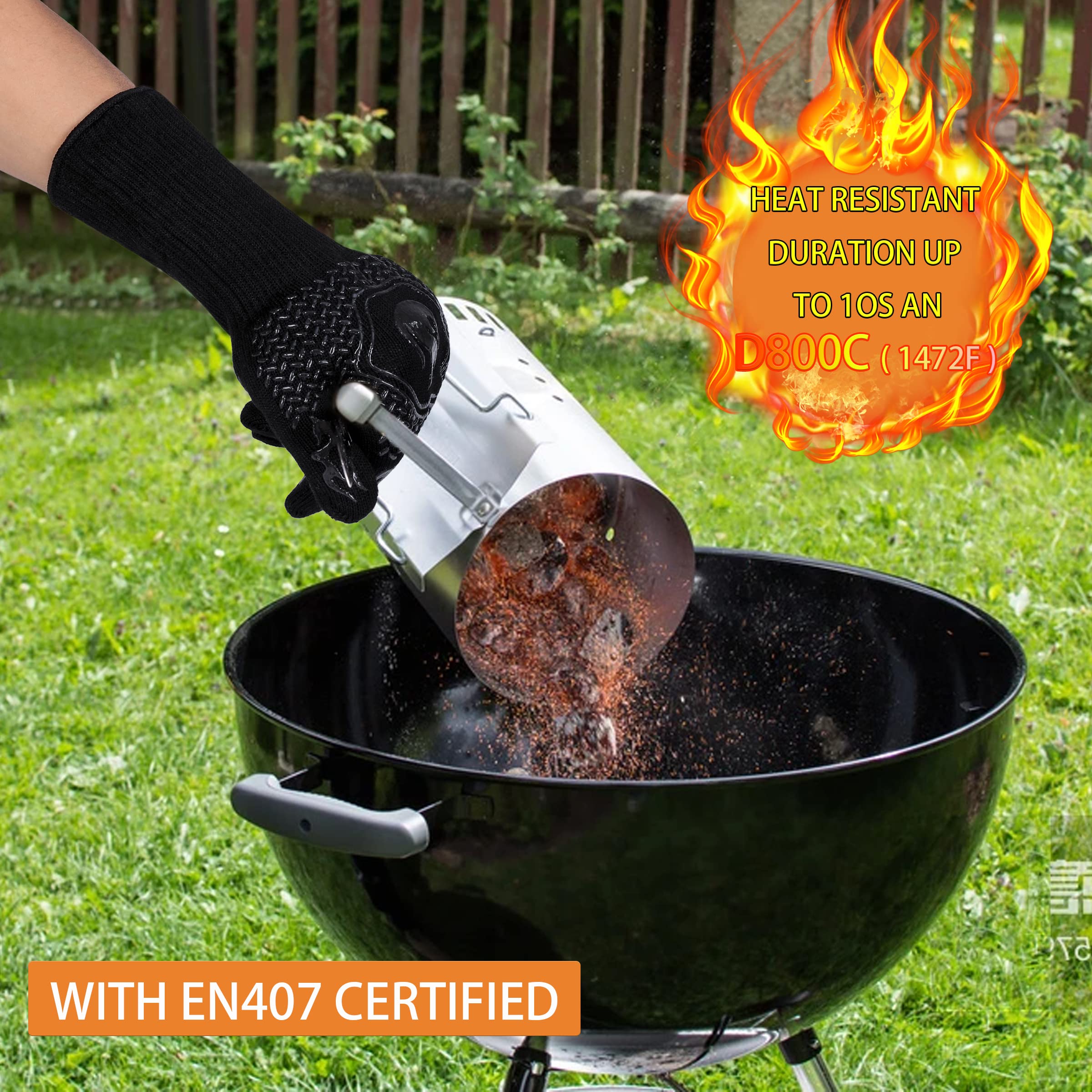 BBQ Gloves 1472F Heat Resistant Non-Slip Silicone 13.5in (Black)