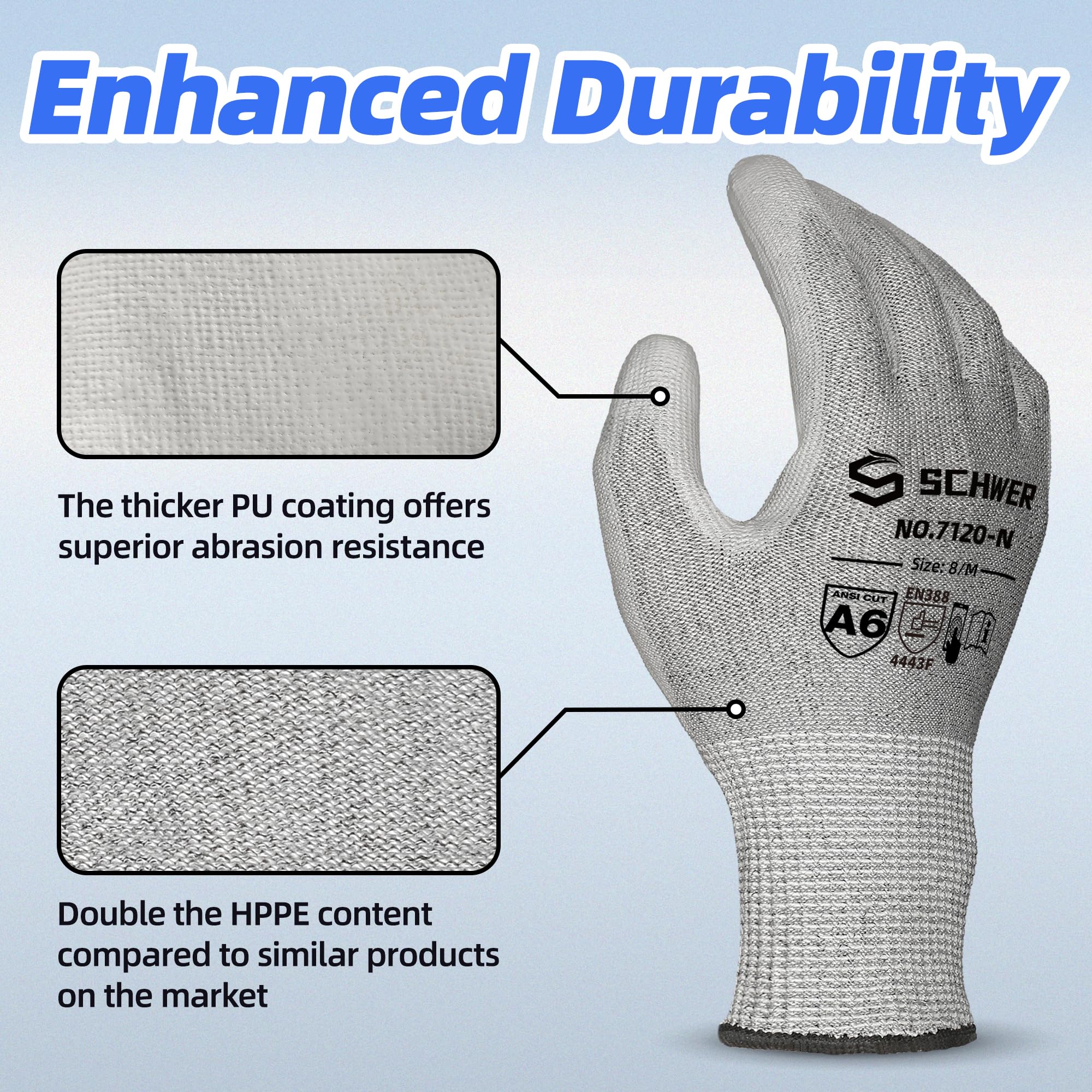 Schwer 6 Pairs A6/A7 (Send Randomly) Cut Resistant Work Gloves, CR7120, L