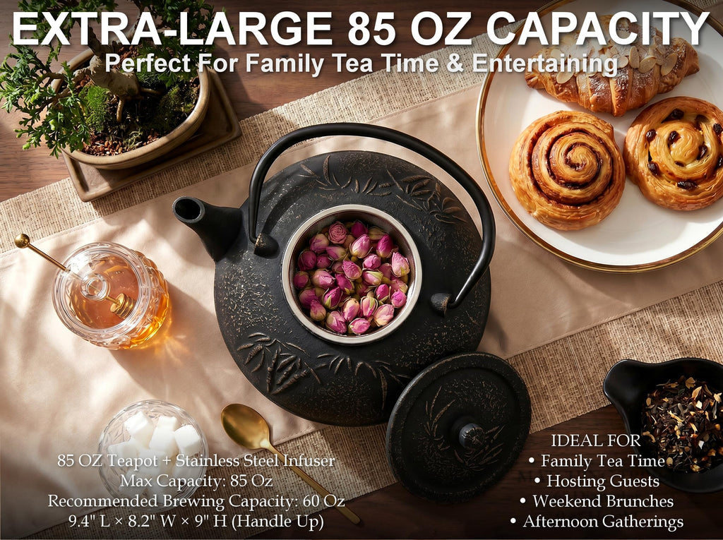 85 Oz XXL Black Bamboo Cast Iron Teapot, Enamel Interior, Infuser & Trivet