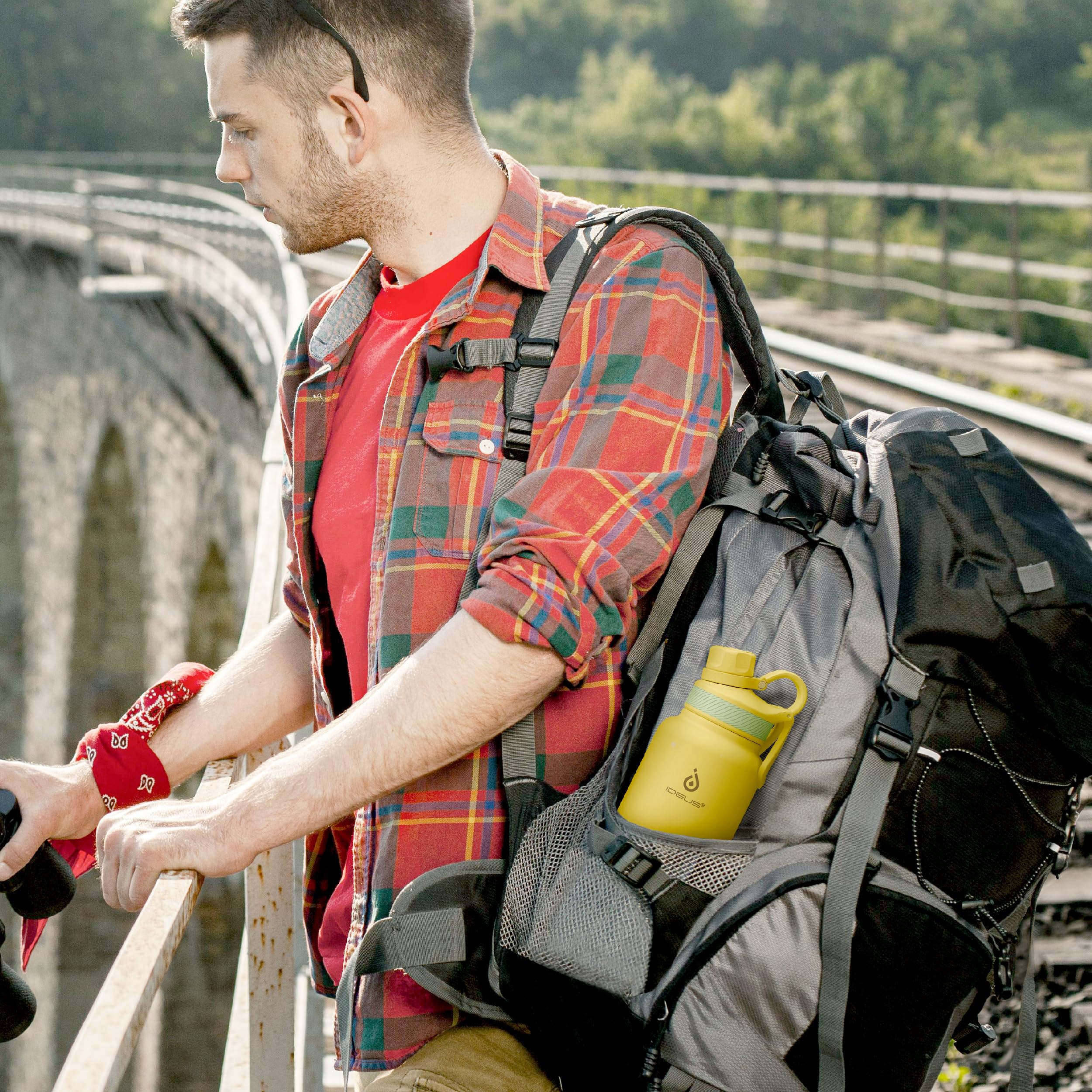 IDEUS 32oz Stainless Insulated Bottle with 2 Leak-Proof Lids, Bright Yellow