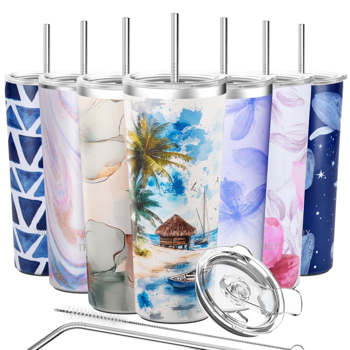 THILY Stainless Steel Vacuum Insulated Tumbler Travel Mug 26 oz Coffee Cup with 2 Lids and Straws, Splash Proof, Keep Ice Drinks Cold, Violet Leaves