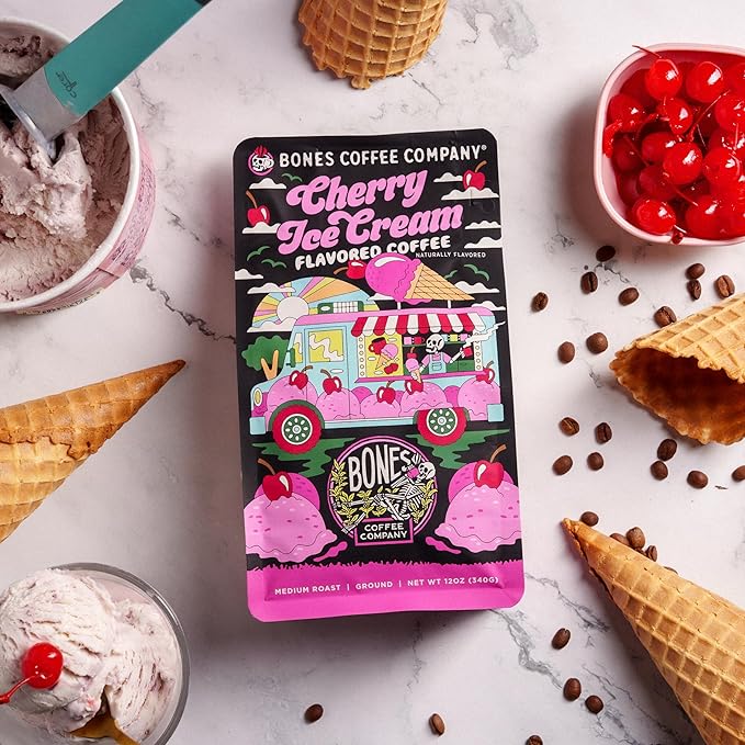 Bones Coffee Company Cherry Ice Cream Flavored Coffee, Medium Roast Low Acid Arabica Beans Compatible with Auto drip and French Press Coffee Maker, 12 Oz Ground