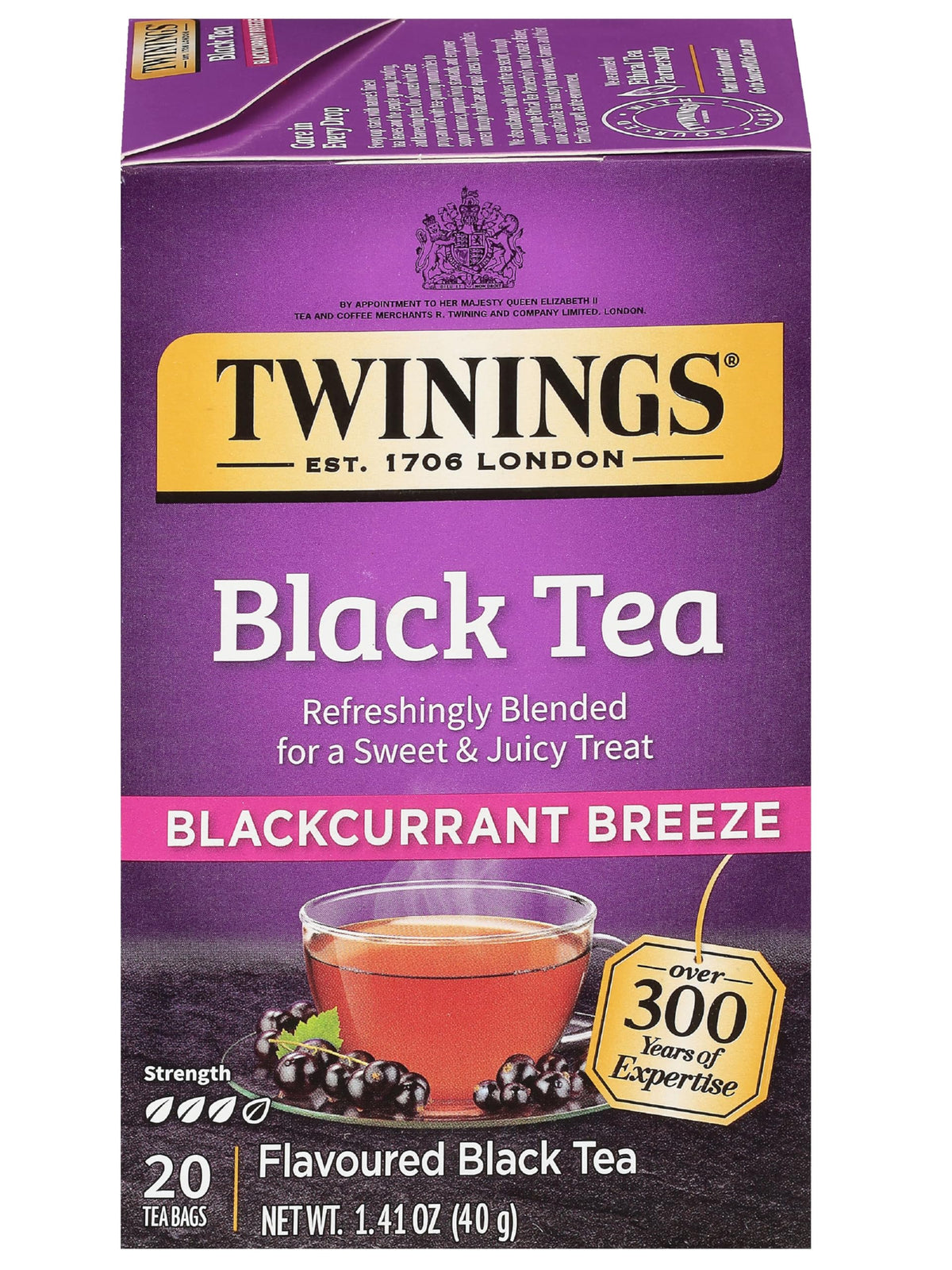 Twinings Blackcurrant Breeze Black Tea Individually Wrapped Bags, 20 Count (Pack of 1), Sweet, Tangy Taste, Caffeinated, Enjoy Hot or Iced, 20 Teabags
