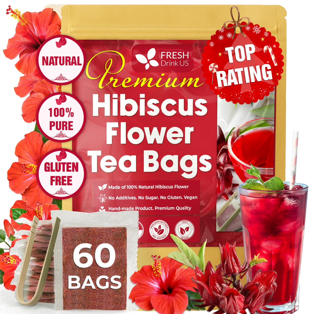 FRESHDRINKUS 60 Hibiscus Flowers Tea Bags, 100% Natural, Pure from Hibiscus Flowers. Loose Flower Hibiscus Herbal Tea. Hibiscus Flower Tea. No Sugar, No Caffeine, No Gluten, Vegan.