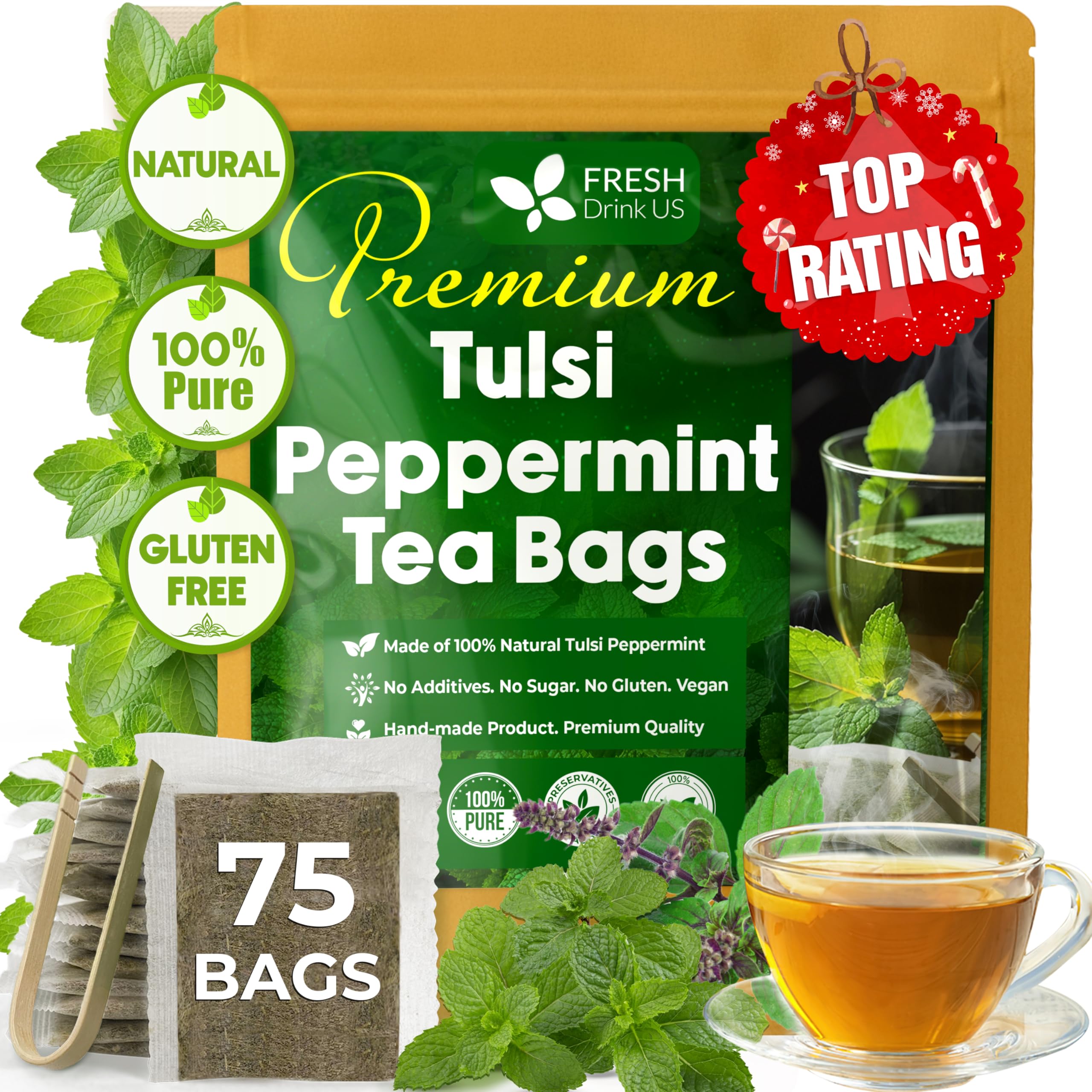 FreshDrinkUS, Premium Tulsi Peppermint Herbal Tea – 75 Bags, 100% Nature. Made with Natural Material. No Sugar, Vegan.
